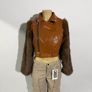 Cropped Brown Faux Leather & Fur Sleeve Jacket